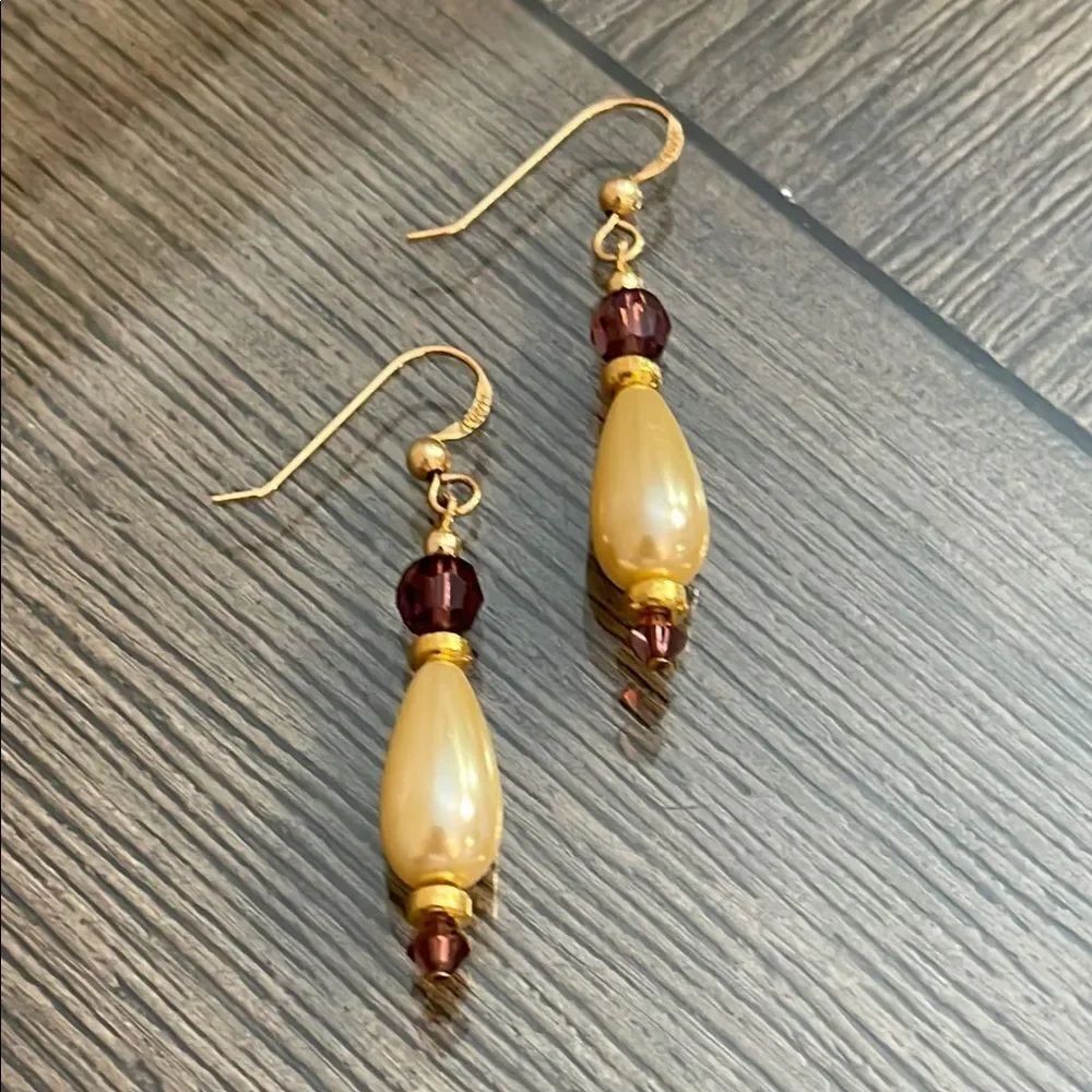 Vintage 14kt Gold Filled Faux Pearl & Purple AB Dangle Earrings
